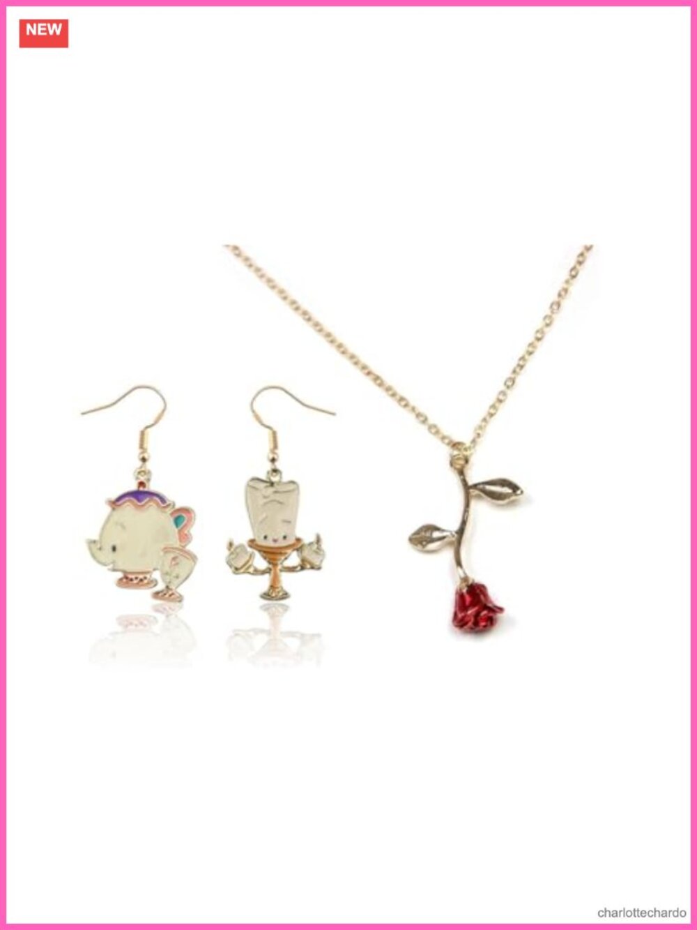 Rose Necklace Teapot Earrings Costume Accessory Set Gift Box